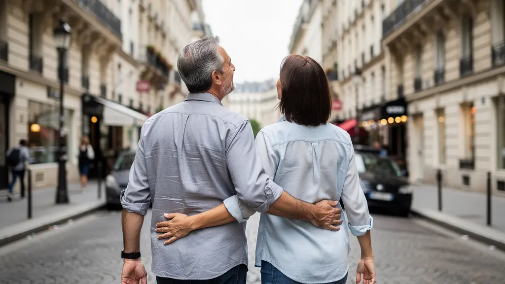 Couple visitant une rue typique quartier haussmannien Paris centre