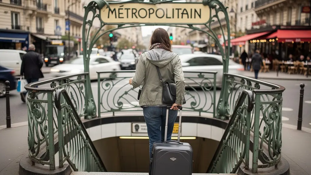 Voyageur entrant dans une station de métro parisien Art Nouveau quartier central