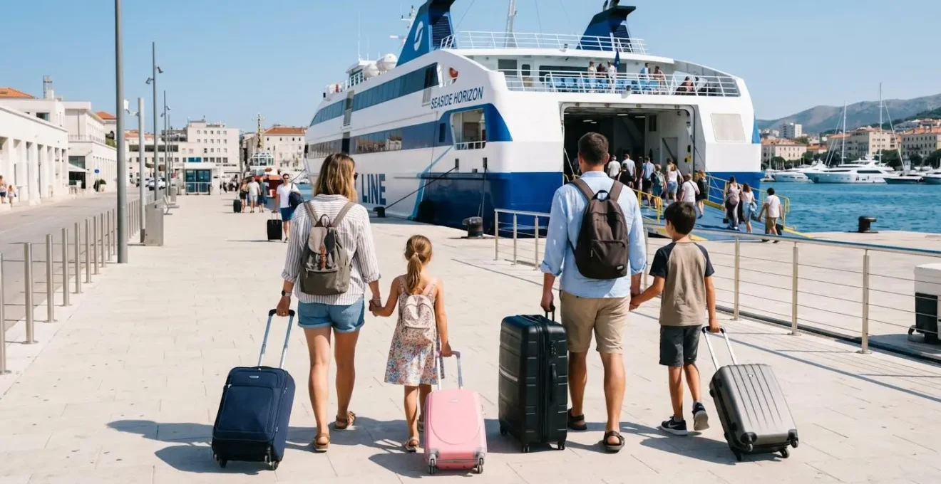 Une famille vue de dos avec deux enfants et des valises à roulettes marchant vers un grand ferry moderne amarré dans un port méditerranéen ensoleillé