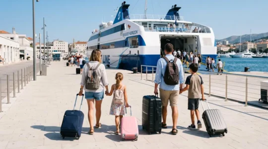 Une famille vue de dos avec deux enfants et des valises à roulettes marchant vers un grand ferry moderne amarré dans un port méditerranéen ensoleillé