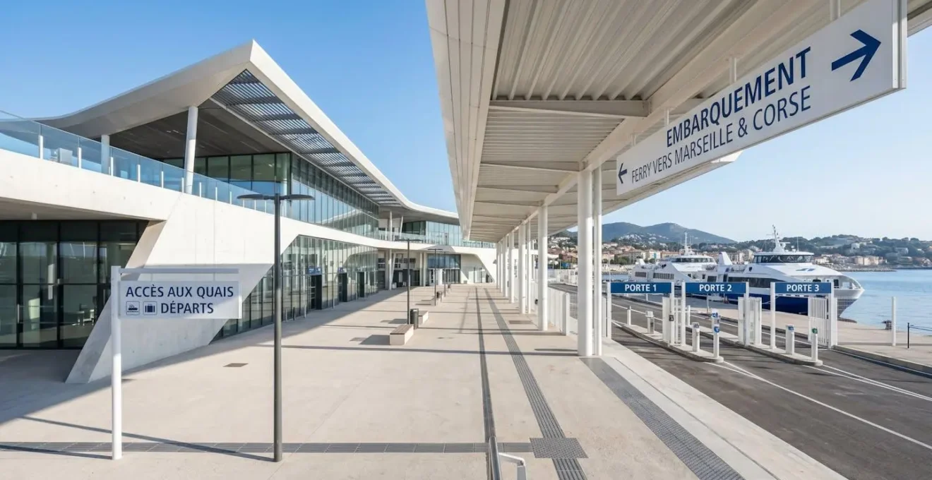 Vue grand angle d'un terminal maritime moderne avec signalétique directionnelle claire et zone d'embarquement vide sous un ciel méditerranéen lumineux
